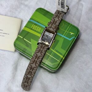 VTG Fossil F2 Gold Tone Rectangle Dial Date Indicator Crystal Accent Watch